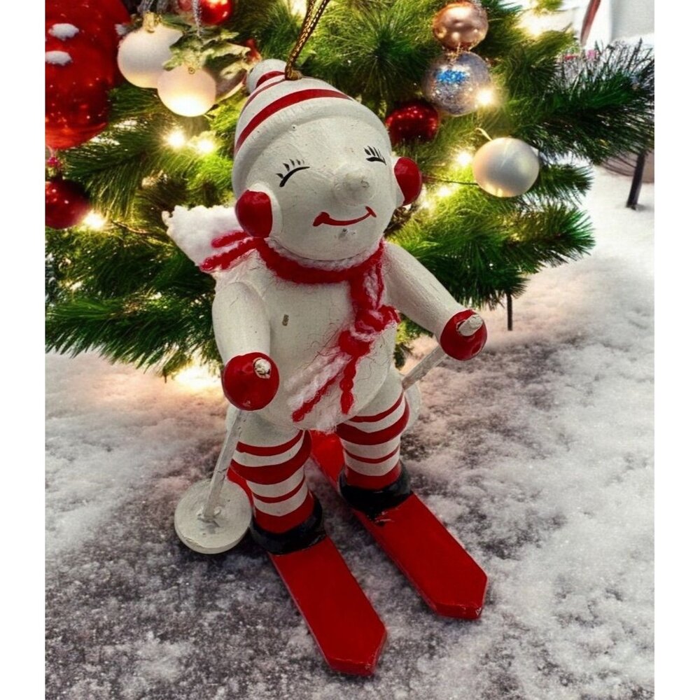 Vintage Wooden Smiling Skier Christmas Ornament Skiing Winter Sports Red White